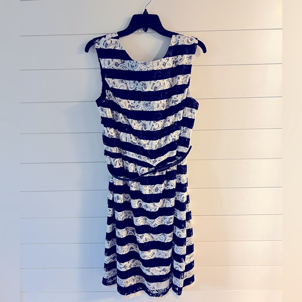 Alex Marie Navy & White Striped Lace Dress Size 16